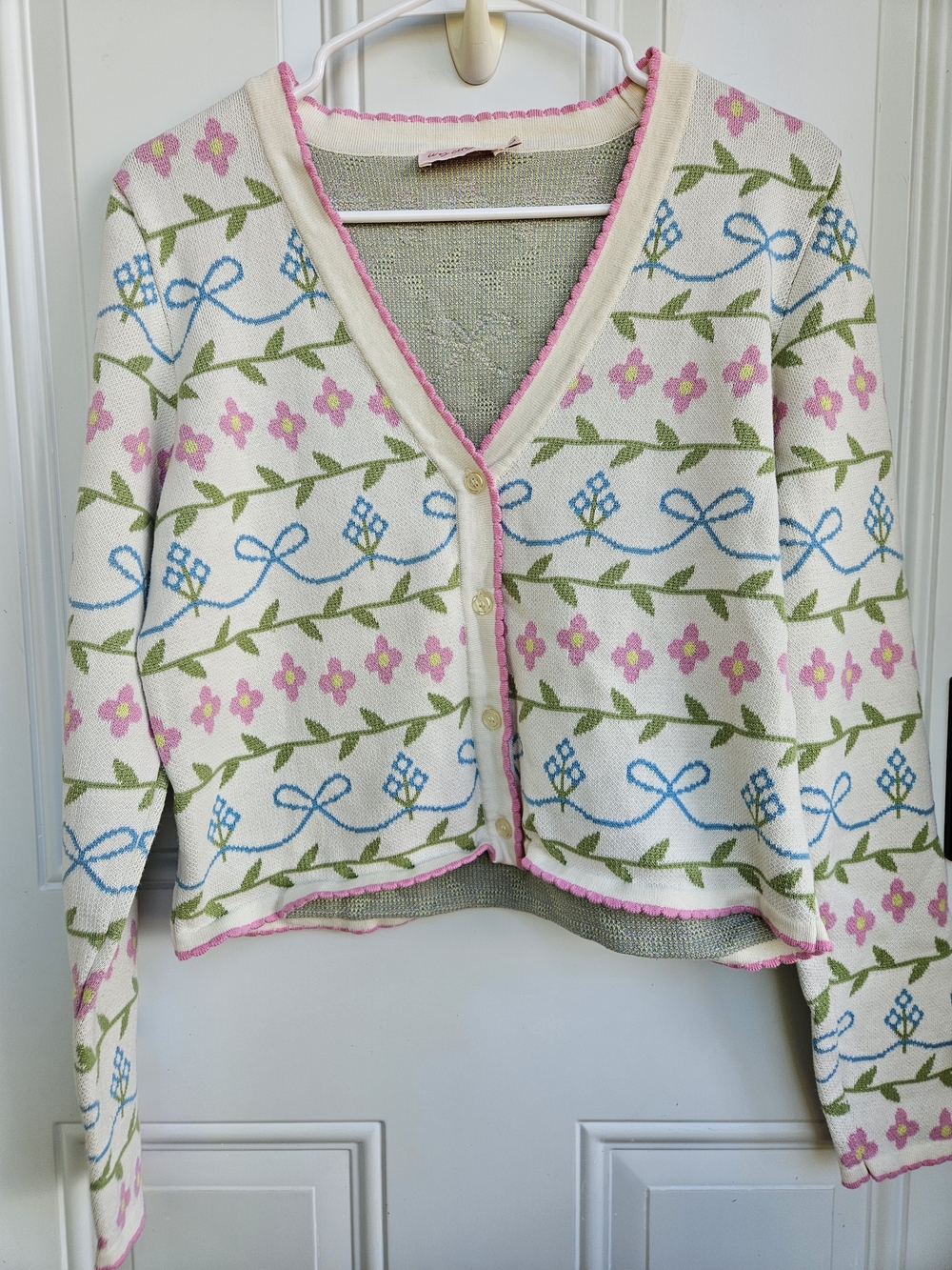 Ivy City Co Cream Floral Knit Cardigan with Pink & Blue Accents
